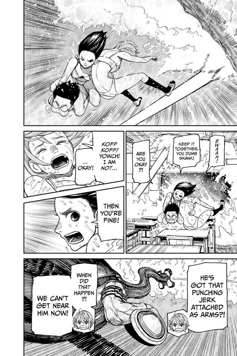 Momo grabs Aira while riding behind Momo. They keep dodging the monster's powerful water blast.