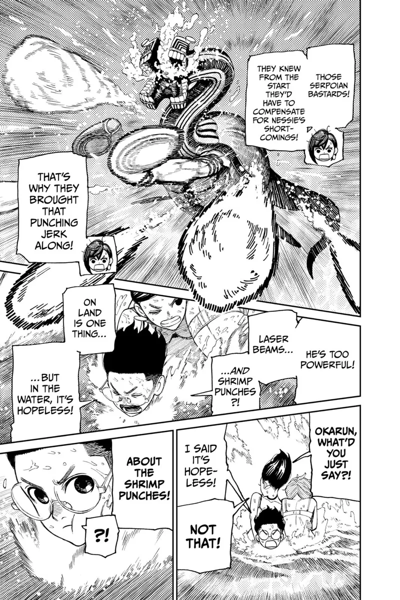 Okarun says it's hopeless to fight the shrimp monster in the water. It attacks them with water lasers and shrimp punches.