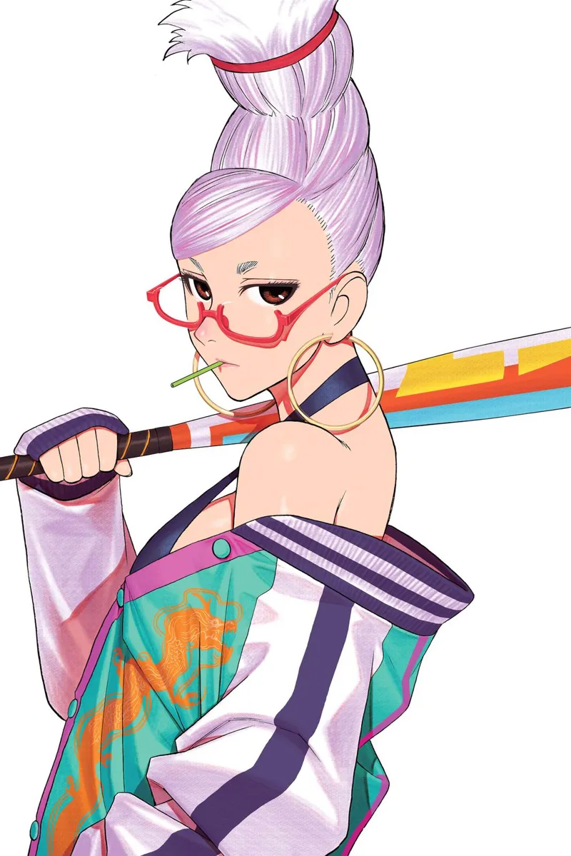 Colored image of Grandma Seiko Ayase holding a baseball bat on her shoulder and on a white background.