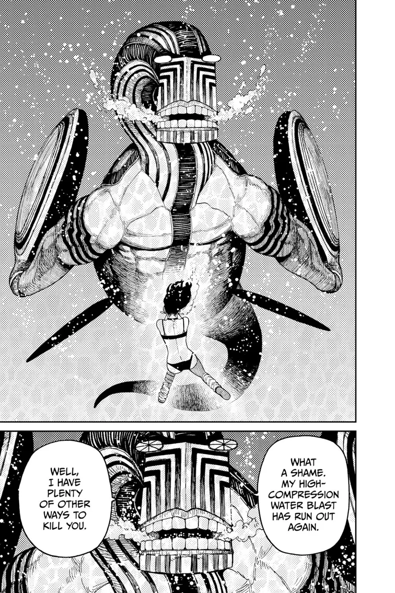 Momo swims in front of the huge monster.