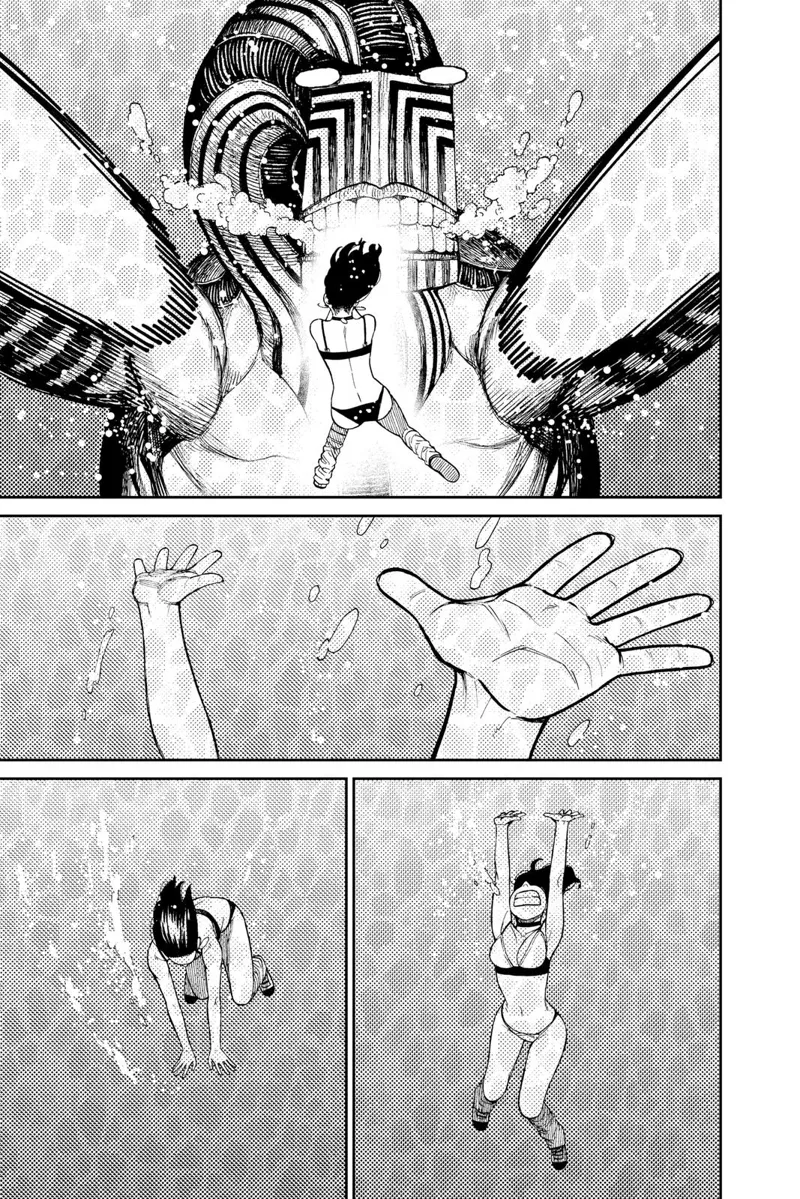 The monster attacks, and Momo raises her arm and moves it downward quickly as if to smash something.