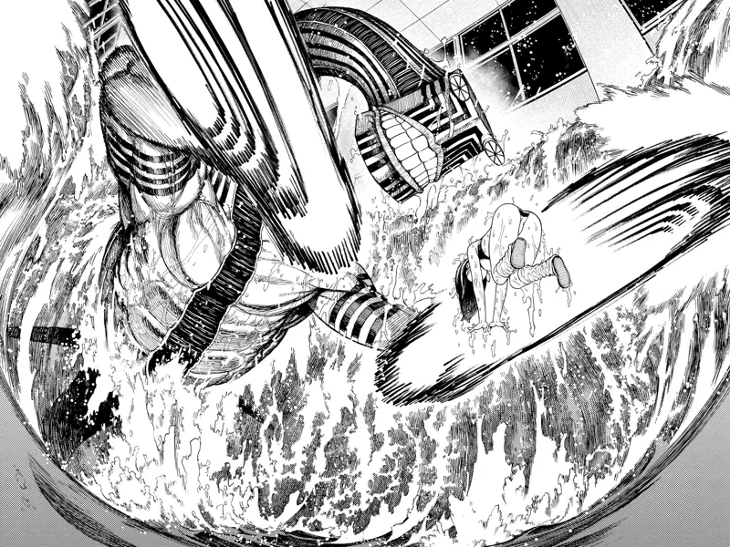 The water around the monster's body moves sidewards while trying to punch Momo.