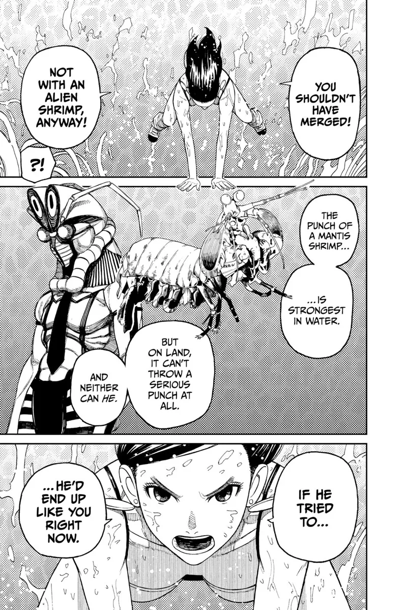 Momo explains why the Serpoian's merging with the mantis shrimp and the boxer monster is damaging.