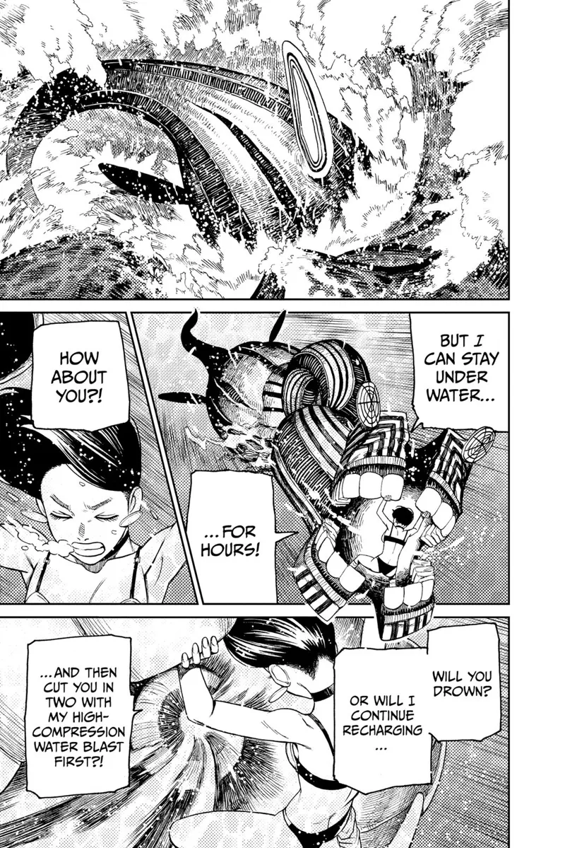 The monster dives underwater, bringing Momo along with it. It charges up to fire in front of her.