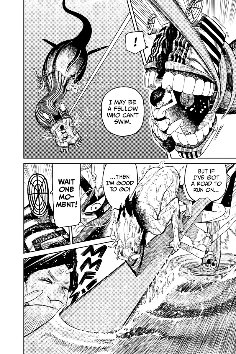 Momo tries to hold on while Okarun, in cursed form, prepares to attack.