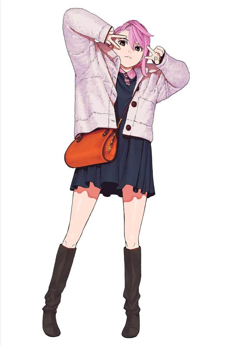 Colored image of Momo Ayase standing and maving a "V" sign of her finger near her face.