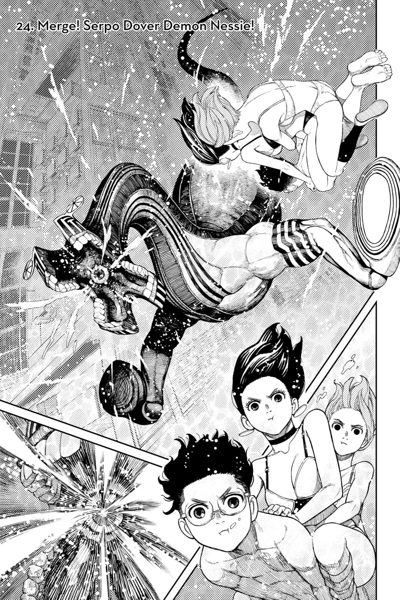 Aira and Momo ride Okarun underwater, and they face a monster opening its mouth, ready to attack them.