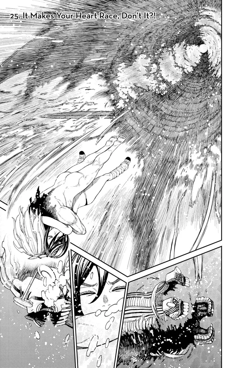 Okarun hugs Momo as he rescues her from the enemy. The Serpo Dover Demon Nessie's mouth is bisected.