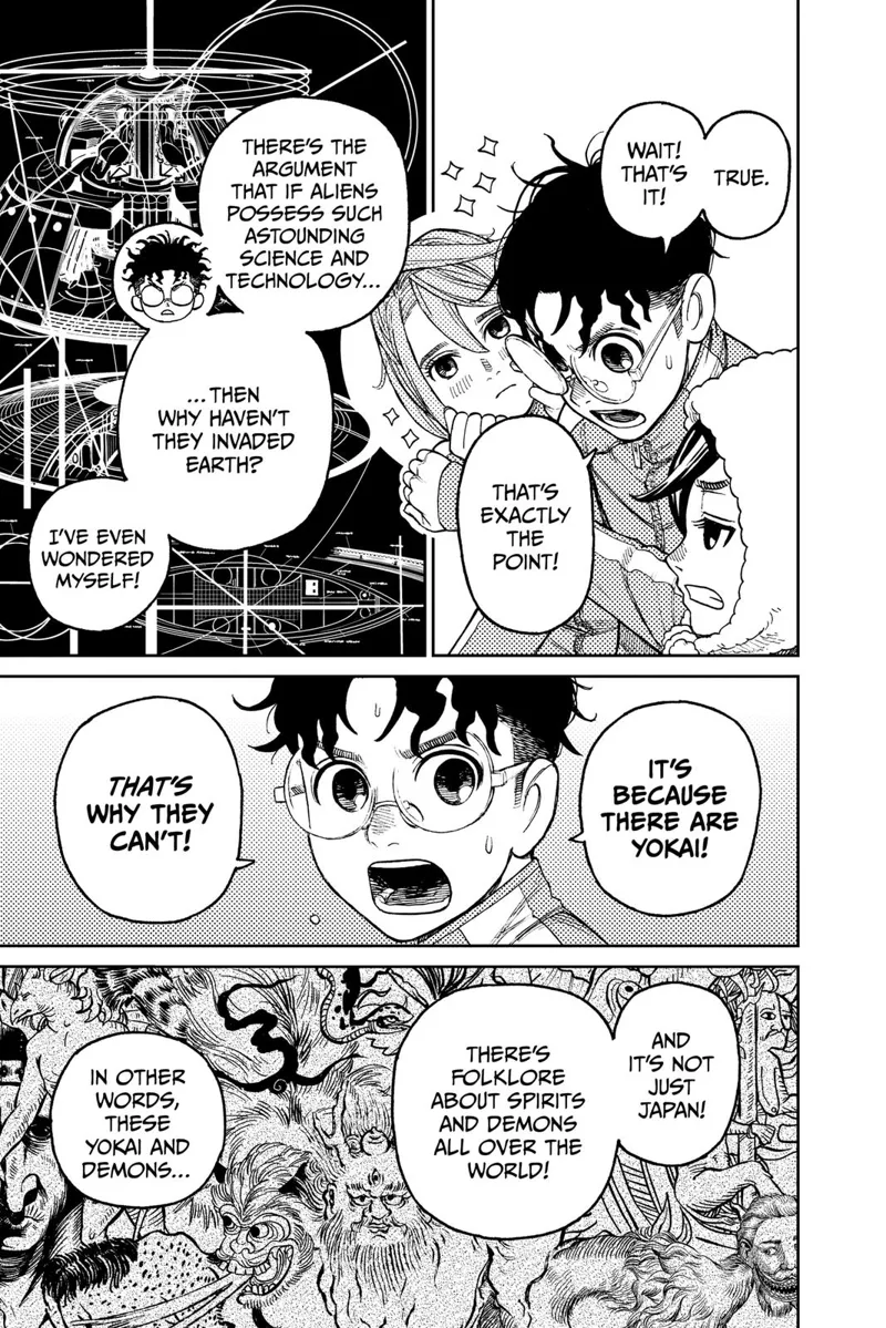 Okarun analyzes and concludes that the aliens aren't invading the earth because of the yokai and demons.