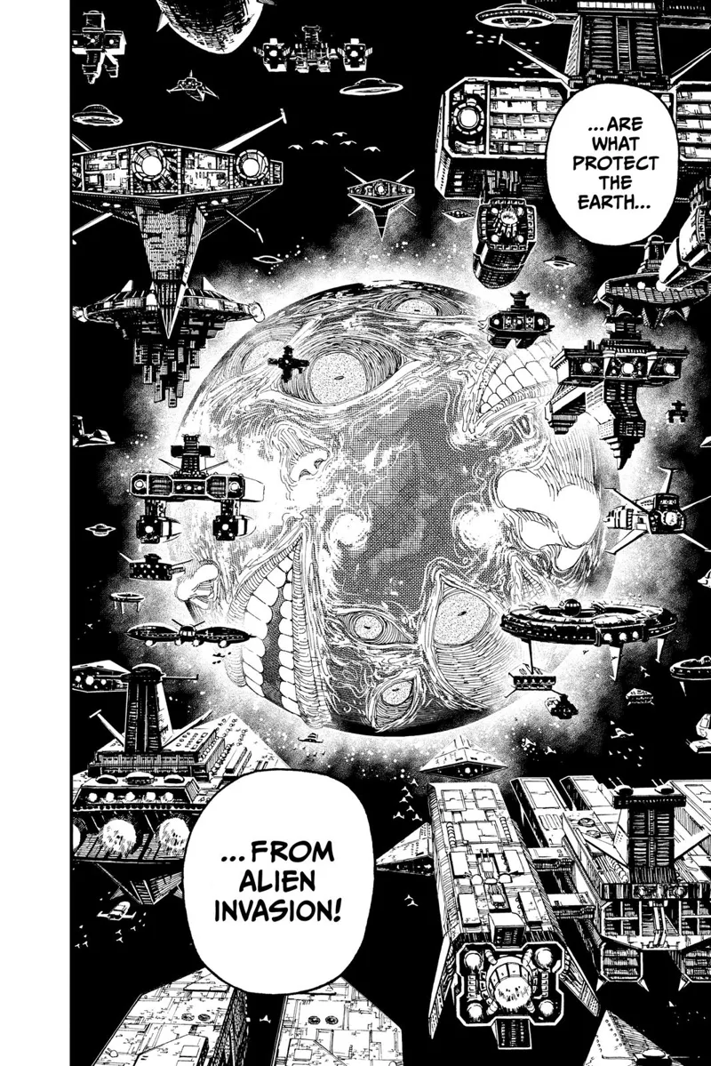 The outer space is shown with the earth filled with ugly monster yokai and spaceships around the planet.