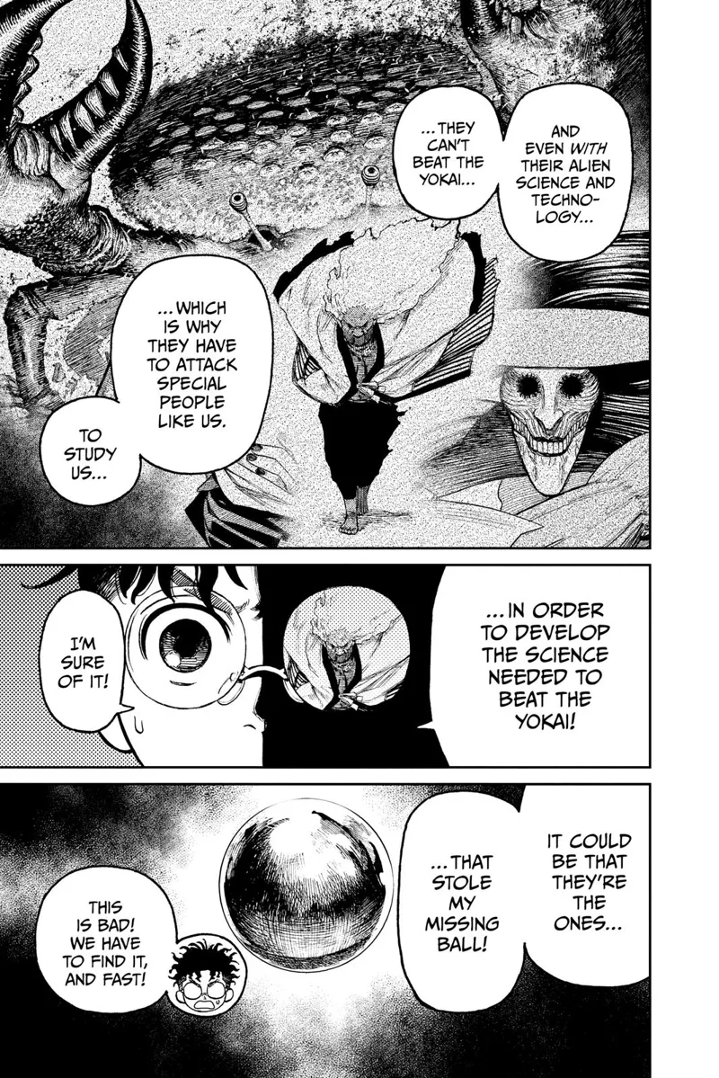 Okarun thinks the aliens can't defeat the yokai and that the aliens have his other ball.