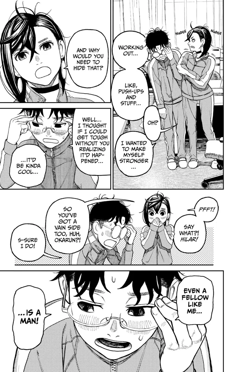 Okarun bashfully tells Momo he's training to become stronger.