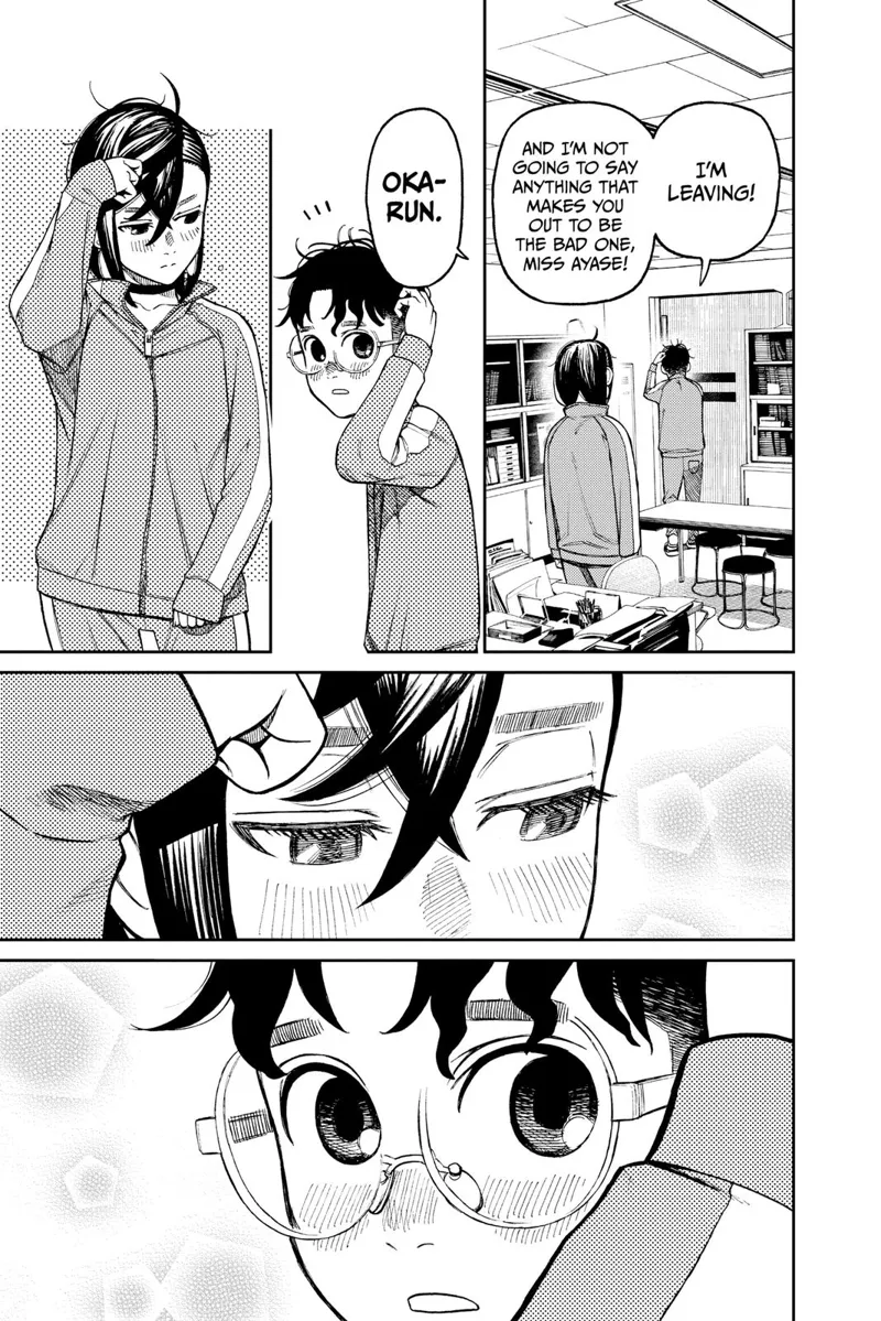 Okarun starts leaving the room. Momo calls him, and Okarun sees her cute face.