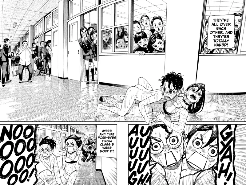 Students from the classrooms see Momo and Okarun naked on top of each other. They run away in embarrassment.