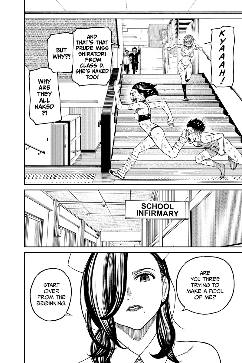 Momo and Okarun run naked through the hallway. Aira also runs naked coming from the stairs. A pretty nurse appears.