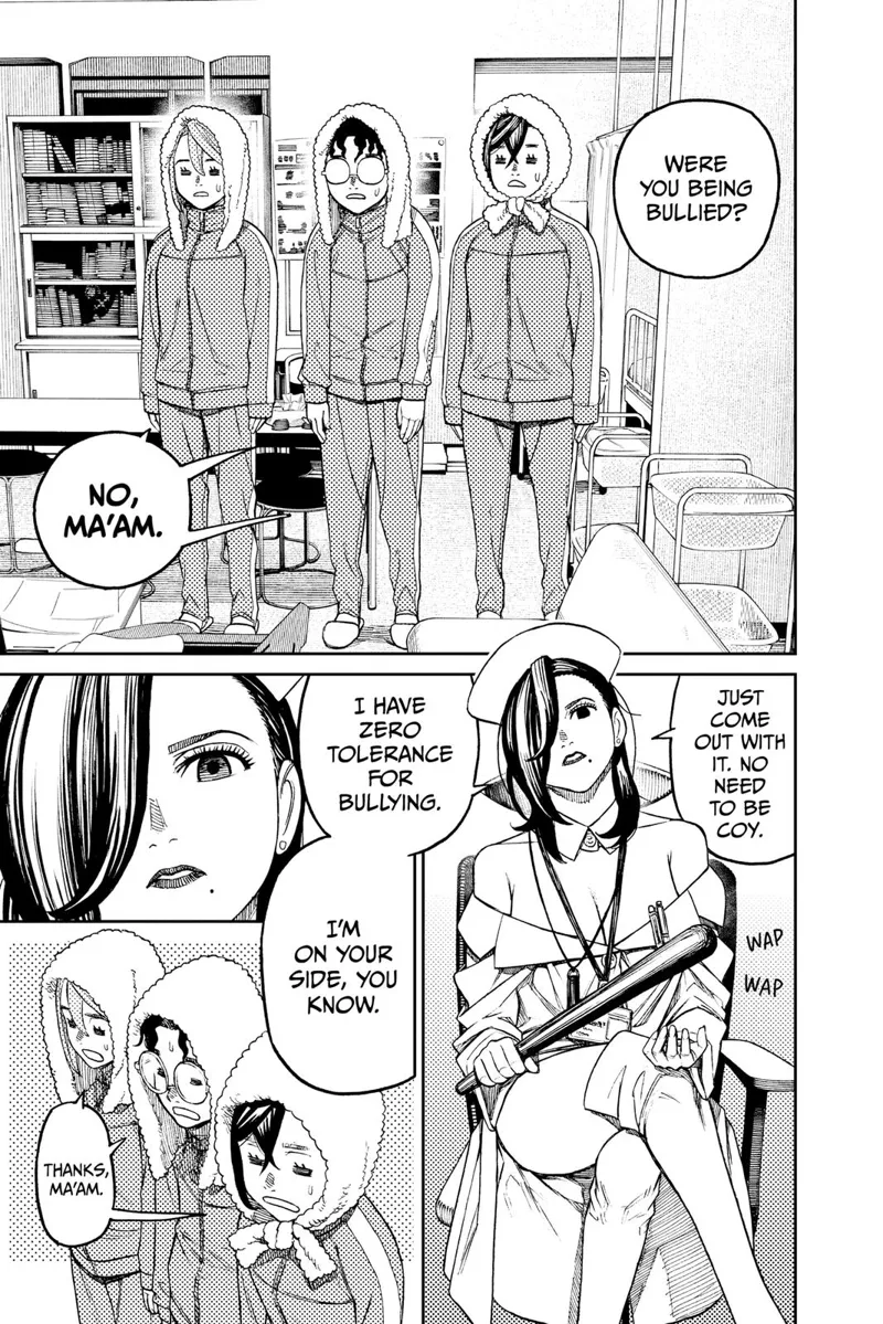 Momo, Okarun, and Aira are now dressed and standing before the sexy nurse who has a bat.