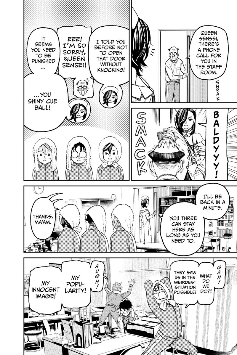 An old man interrupts, angering the nurse, Queen Sensei. She leaves, and Momo, Okarun, and Aira panic.