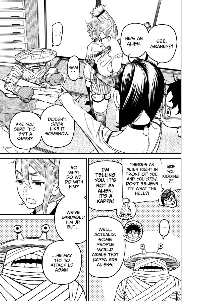 Momo tries to argue that the creature they bandaged is an alien. Grandma says it's a kappa.