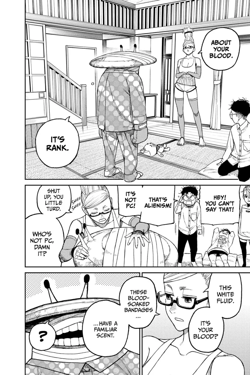 Grandma stands and inspects Boxer Kappa about his type of blood.