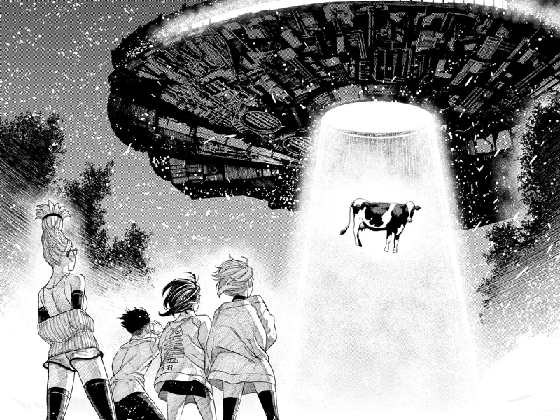 Momo, Aira, Okarun, and Grandma stand watching a cow be beamed to a huge alien spaceship with a light.