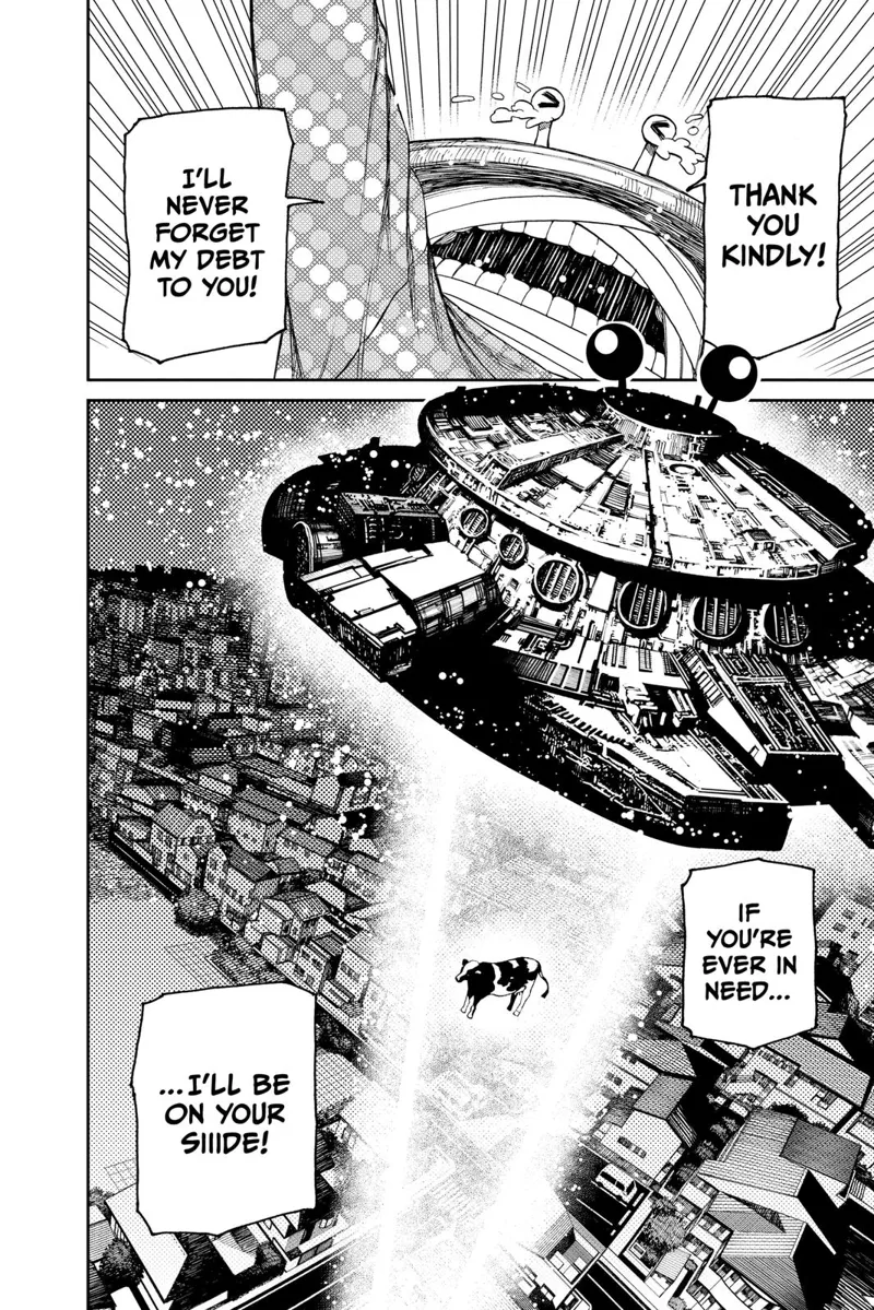 Dover Demon cries for receiving so much help as he beams the cow to his spaceship above the houses.