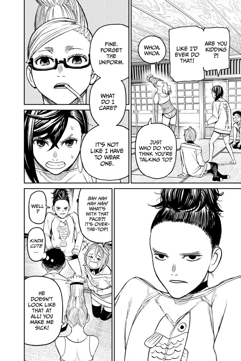 Momo stands in reluctance but still complies. Her face looks funny.