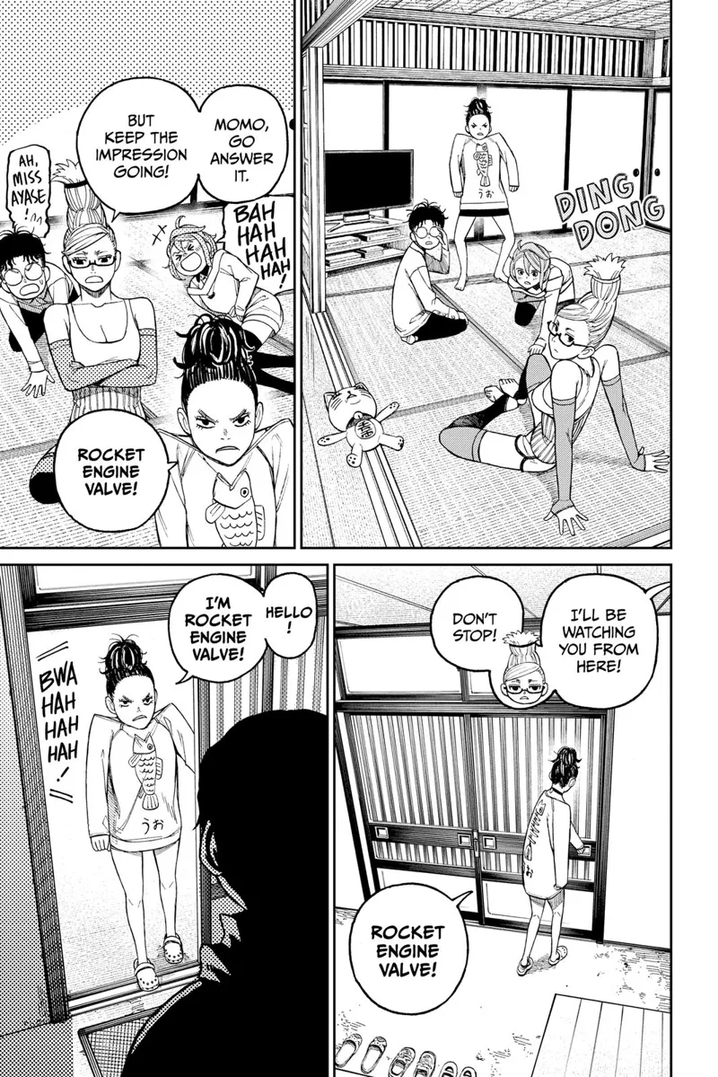 Momo answers the door while making Hiroshi's bee impression. Grandma laughs as Momo answers the man behind the door.