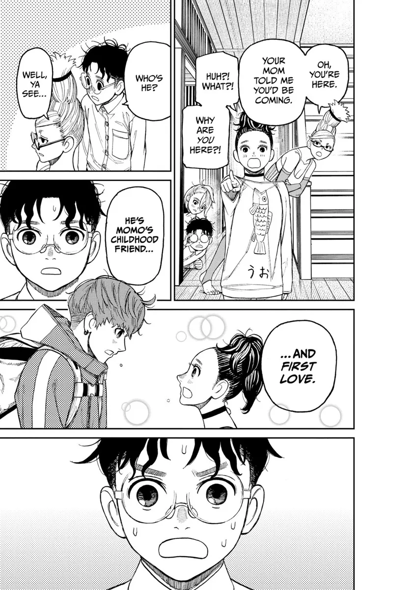 Momo is shocked by Jiji's sudden appearance, but Grandma already knows. Grandma tells Okarun that Jiji is Momo's first love.