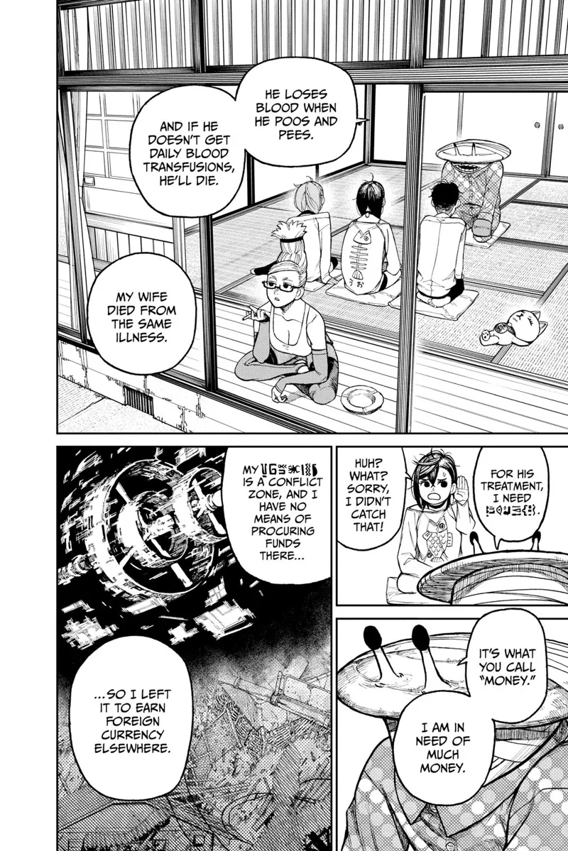 Monster boxer Kappa sits in front of Momo, Aira, and Okarun while Turbo Granny lies down and Grandma smokes.