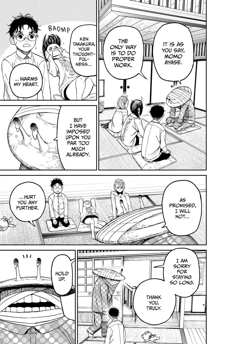 The Boxer Kappa cries for Okarun's thoughtfulness. He starts leaving, but someone calls him.