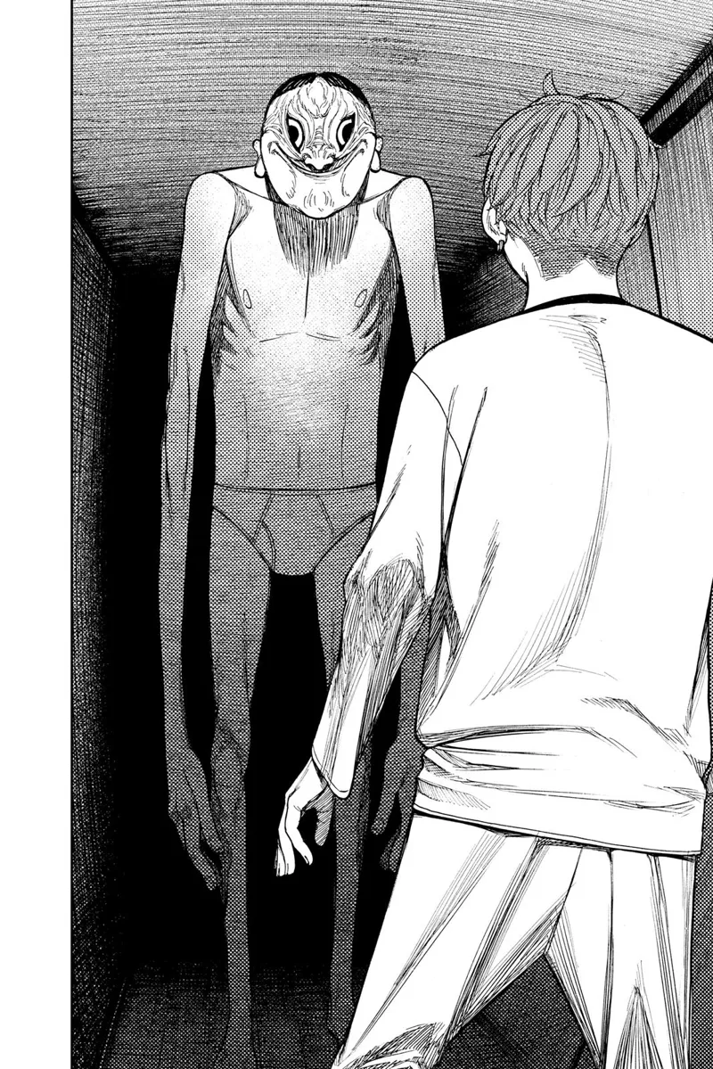 Jiji sees an ugly, skinny spirit wearing underwear smiling in front of him.