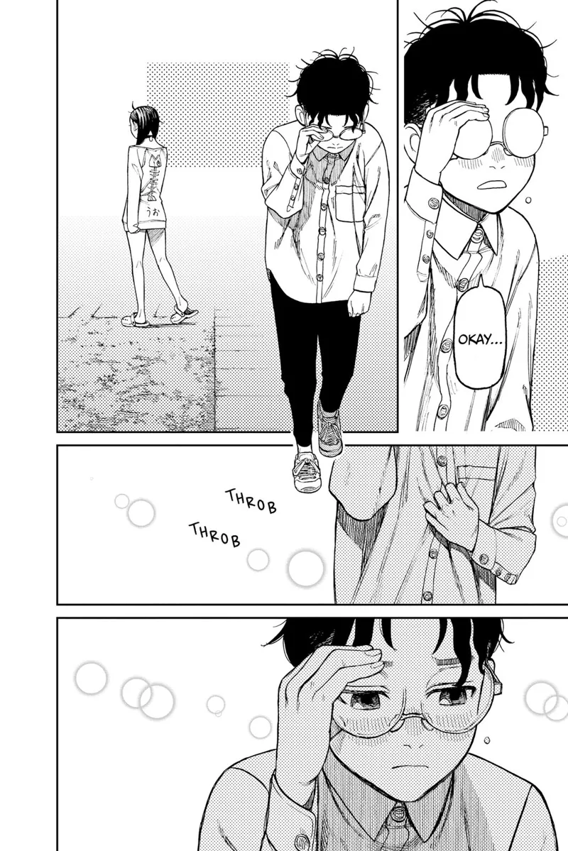 Momo walks away, adjusting his glasses and holding his chest due to his throbbing heart.