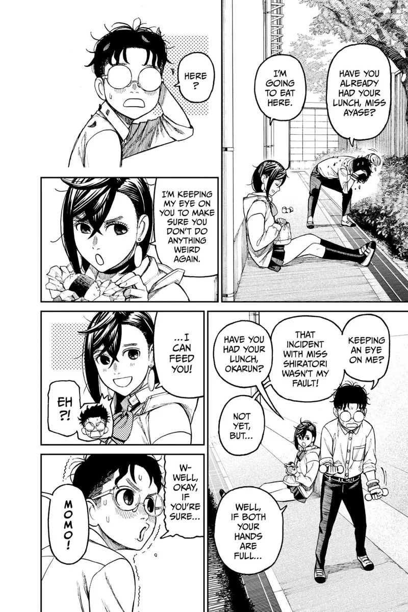 Momo takes out his lunch and tells Okarun she will feed him if his hands are dirty.