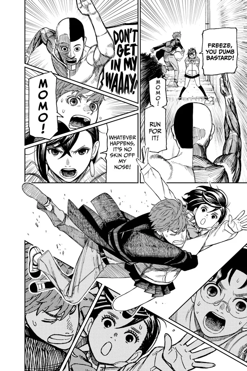 Momo tries to block the weird running guy. Jiji jumps at her to avoid being run over, and Okarun sees them.