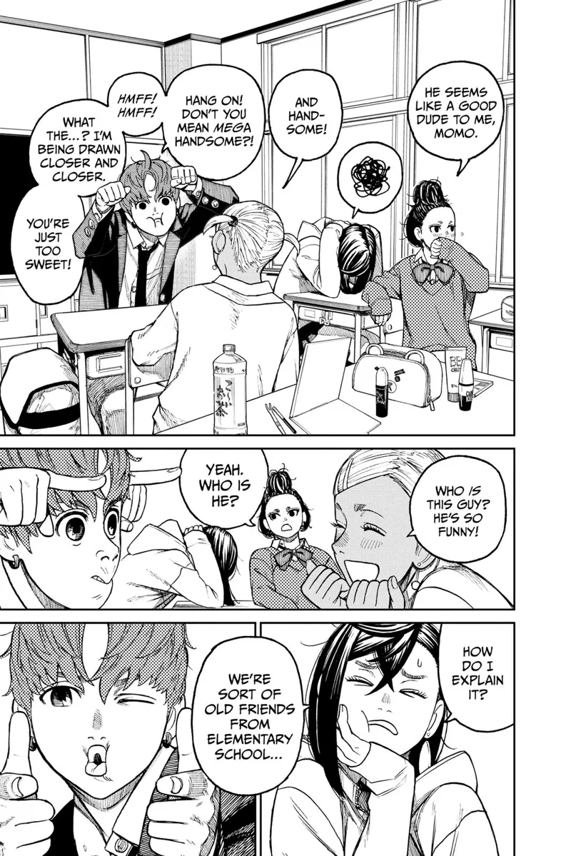 Jiji makes a gunny gesture in front of Momo's friend. Momo is annoyed while her two friends like Jiji.