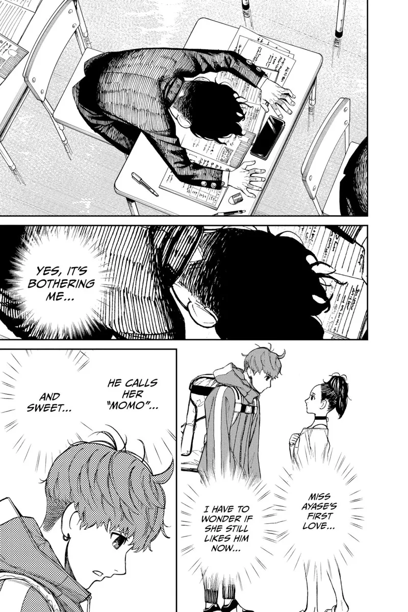 Okarun slumps his face on his desk, thinking about Momo and Jiji's encounter.