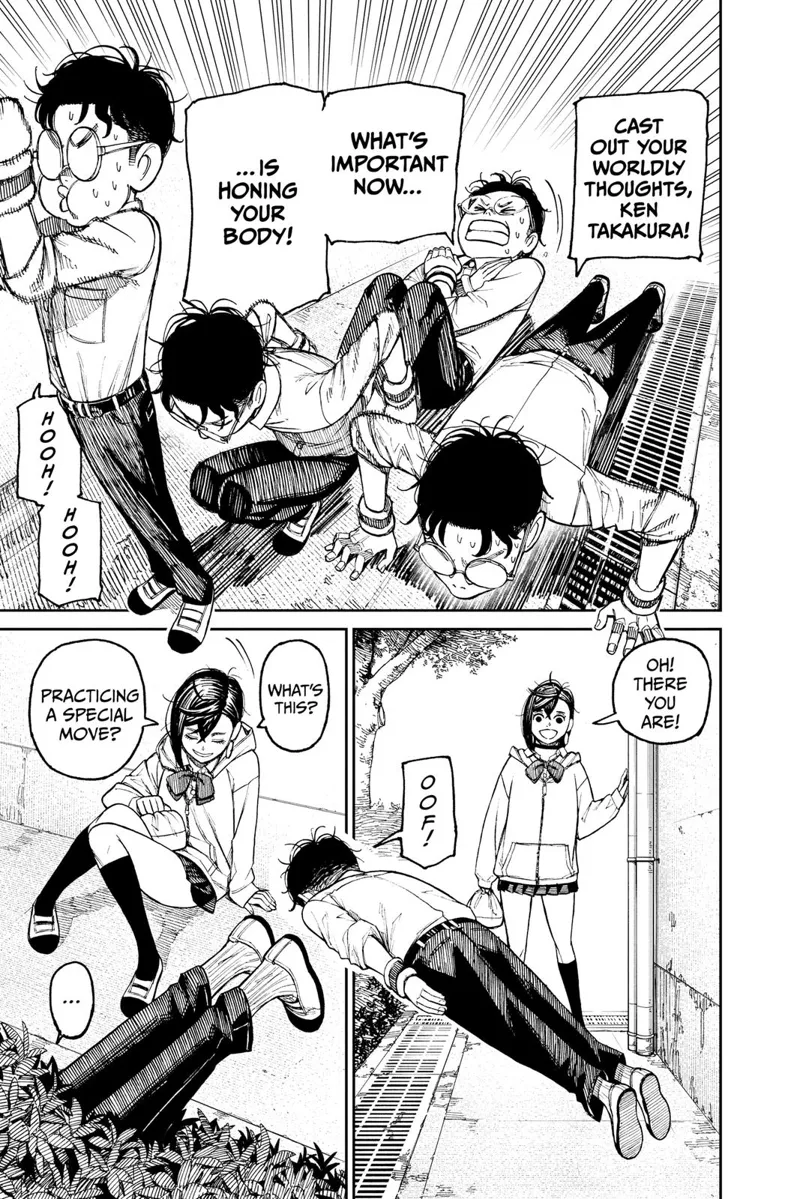 Okarun starts exercising. Momo appears and sits beside him.