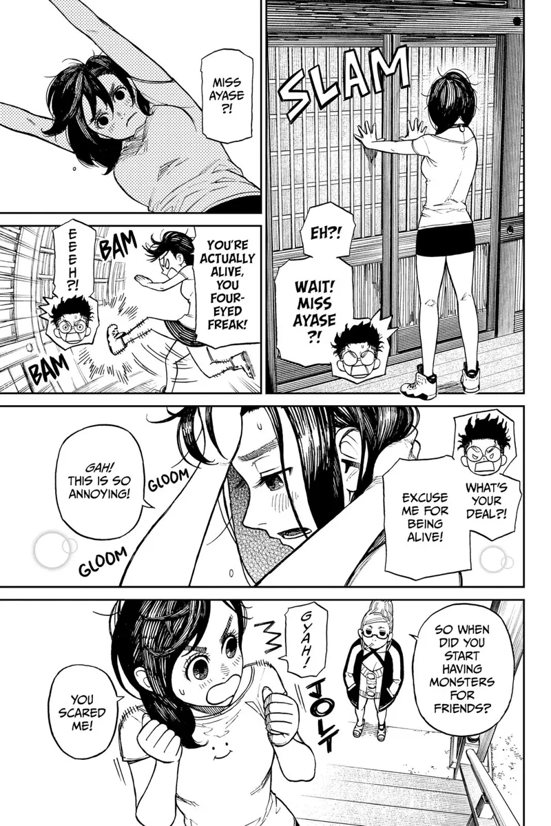 Ayase closes the door and starts kicking it because she is worrying too much. She is shocked to see her grandma behind her.