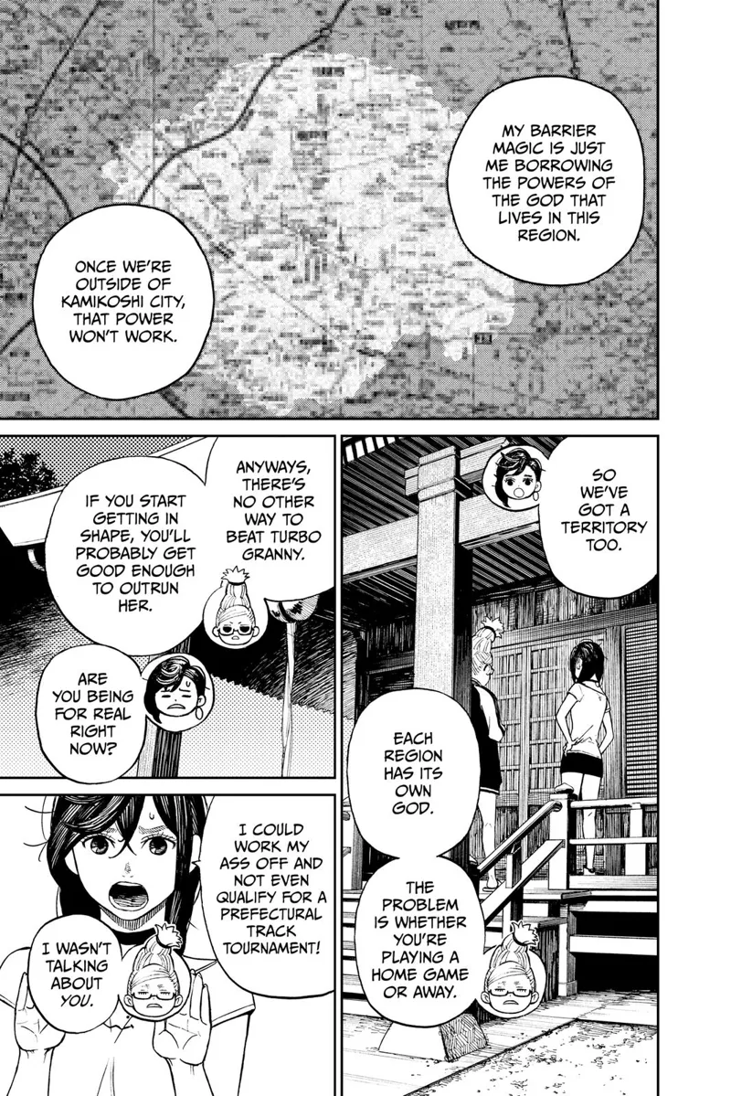 Grandma explains her barrier is only effective in their region as he borrows the powers of that region's God.