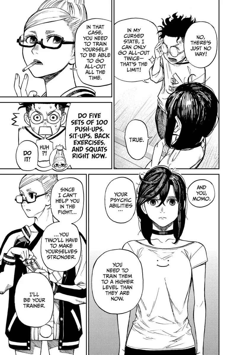 Granny tells Okarun and Momo to train their abilities and powers. She will be their personal trainer.