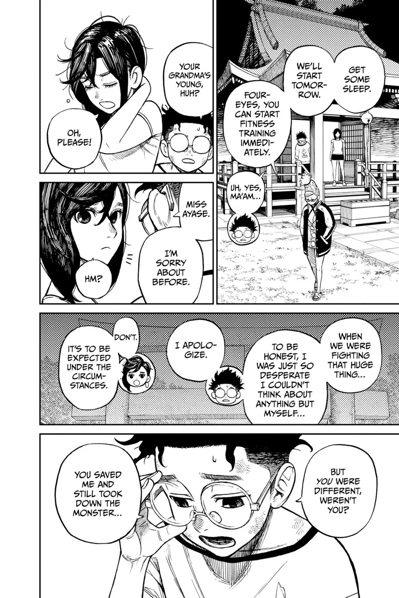 Grandma walks away after telling Okarun to start training immediately and Momo to sleep. Okarun apologizes to Momo.