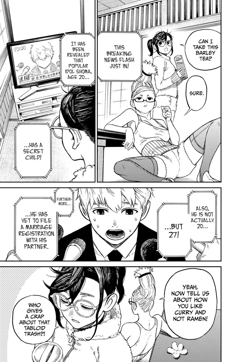 Momo grabs a glass of barley tea in the house while Grandma sits down, eats a snack, and watches the news.