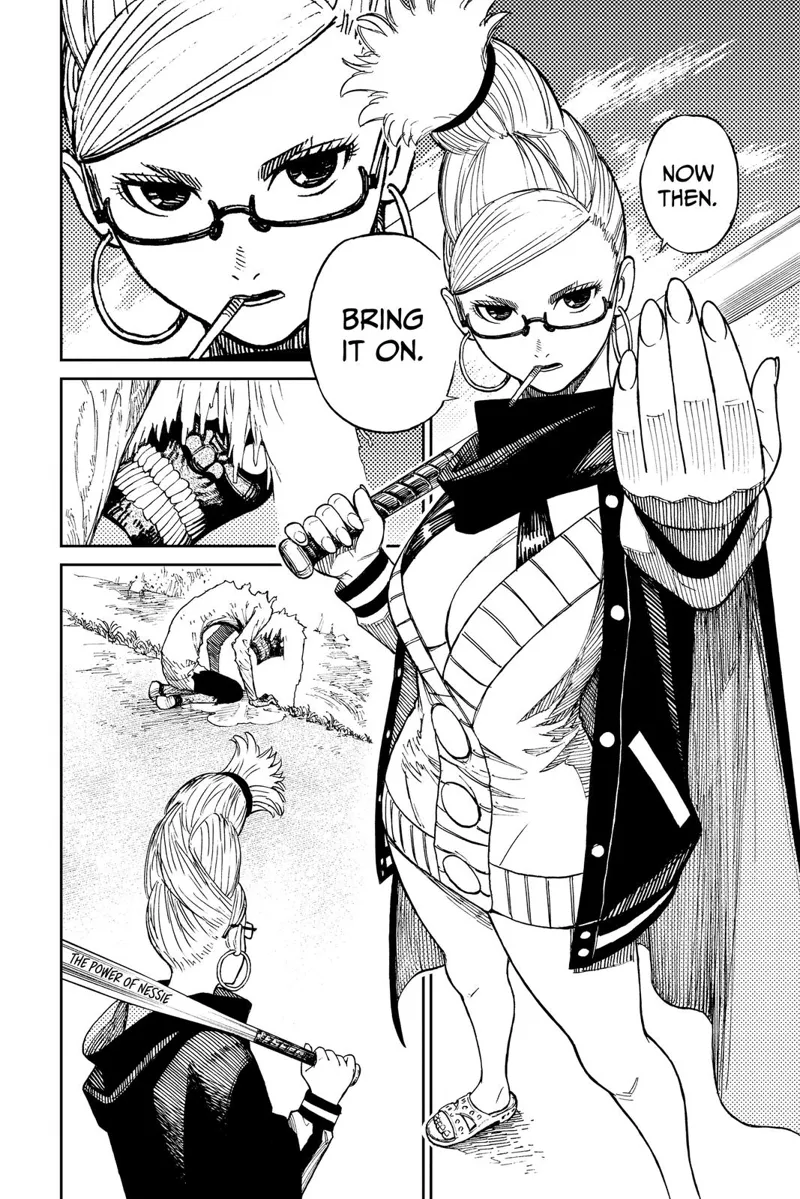 A pretty and sexy woman, Ayase's grandma, appears with a baseball bat. Cursed Okarun sees her.