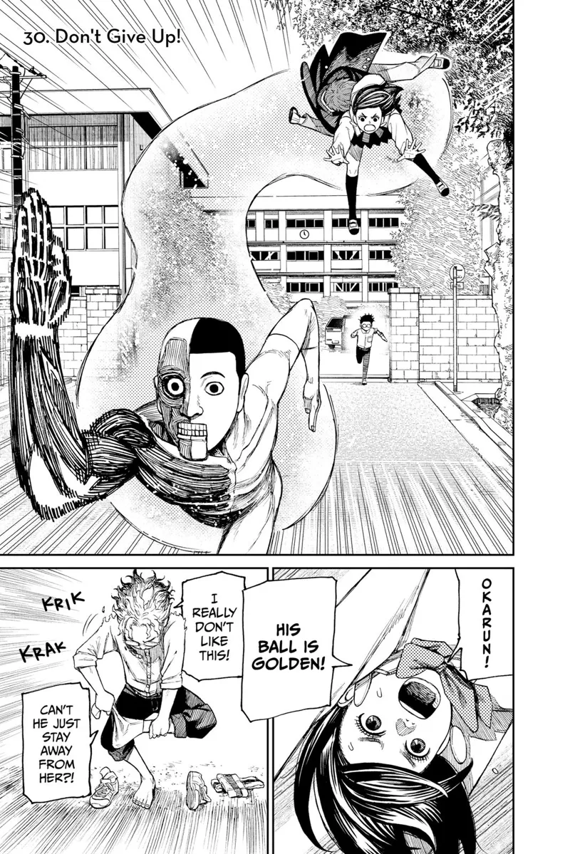 Momo grabs the weird naked man with her powers, Jiji hugs her, and Okarun chases them. Okarun removes his shoes.