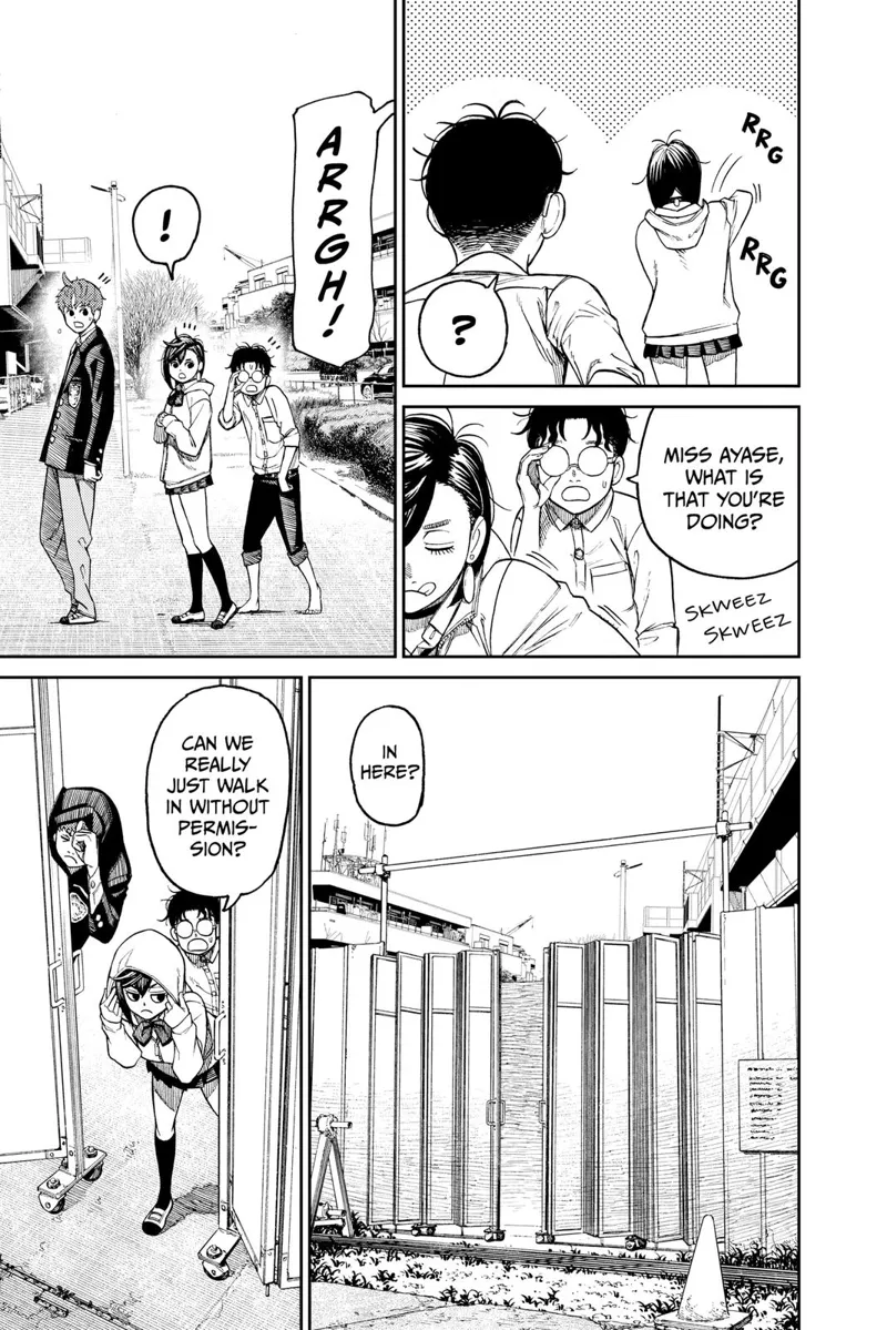 Okarun, Momo, and Jiji stop walking after hearing someone shout beyond the barricade.