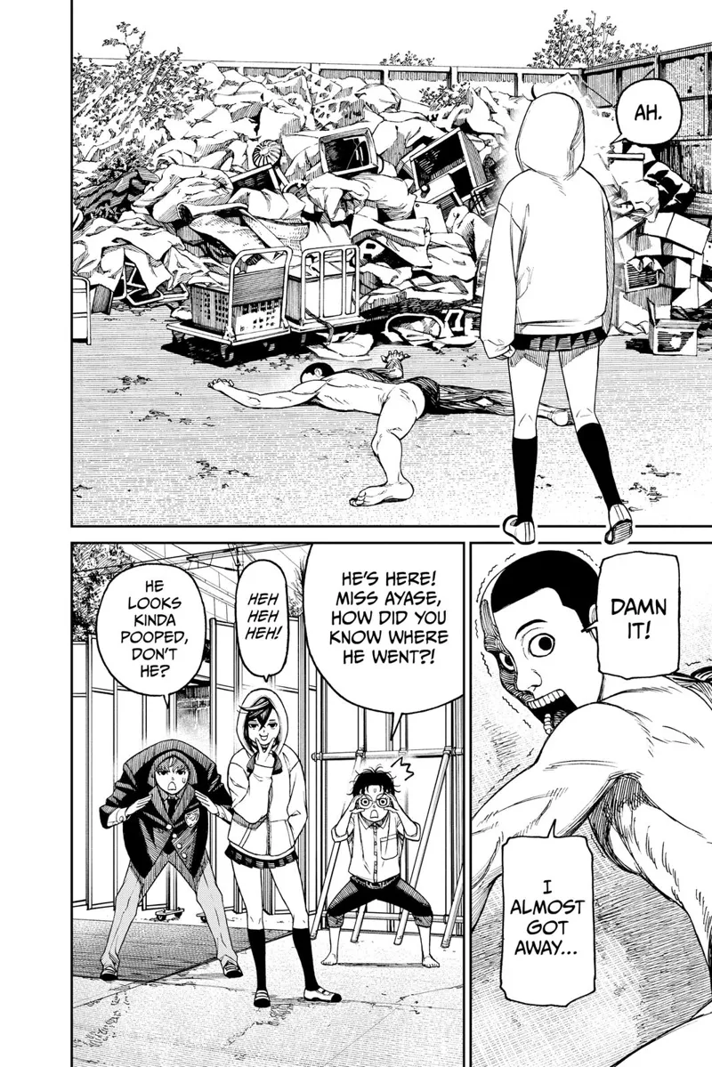 Momo, Okarun, and Jiji see the weird naked man lying face flat on the ground.