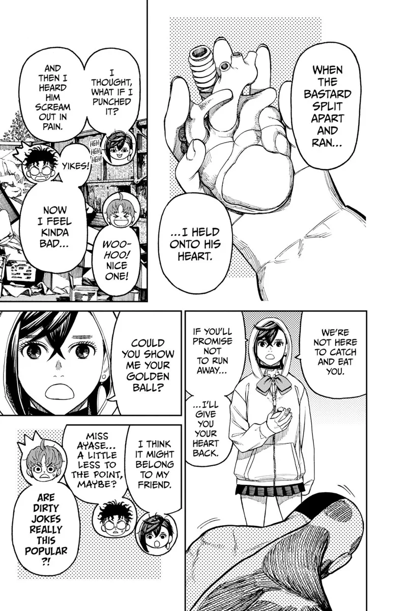 Momo holds the weird naked man's heart. The weird naked man, called Taro, hears someone calling him & recognizes it as Hana.