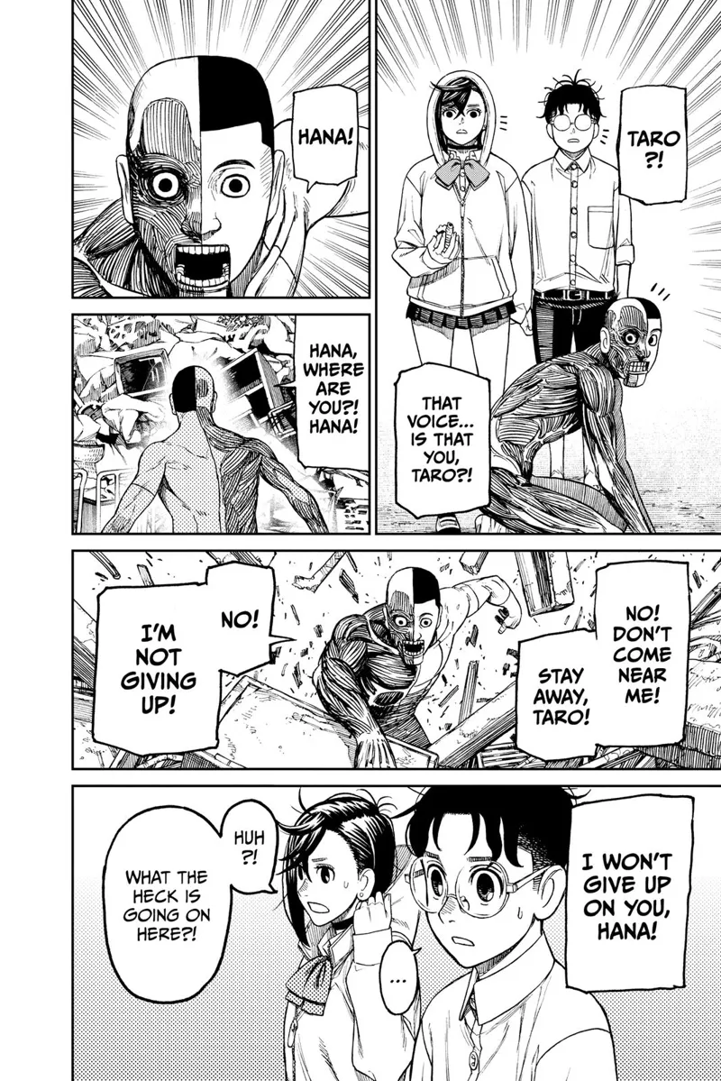 Taro frantically searches the debris. Momo and Okarun watch him.