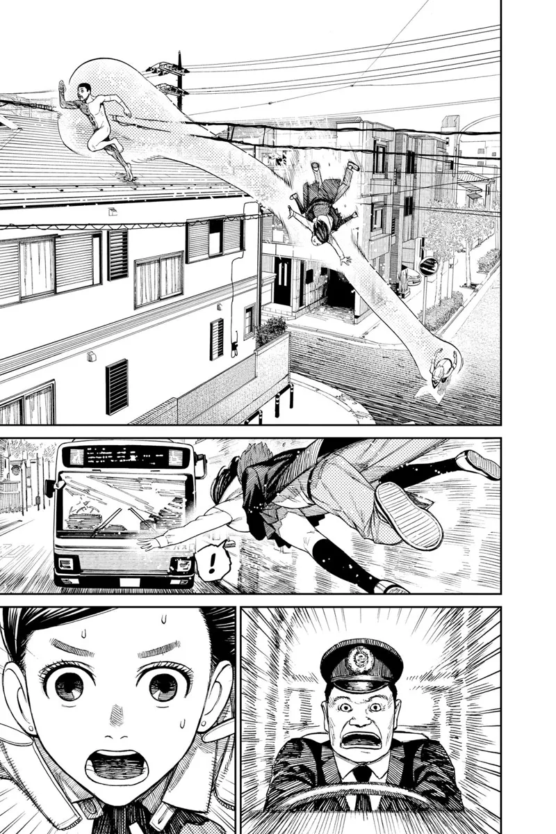Momo grabs the naked weird guy and Okarun with her powers. She sees a bus coming towards her.