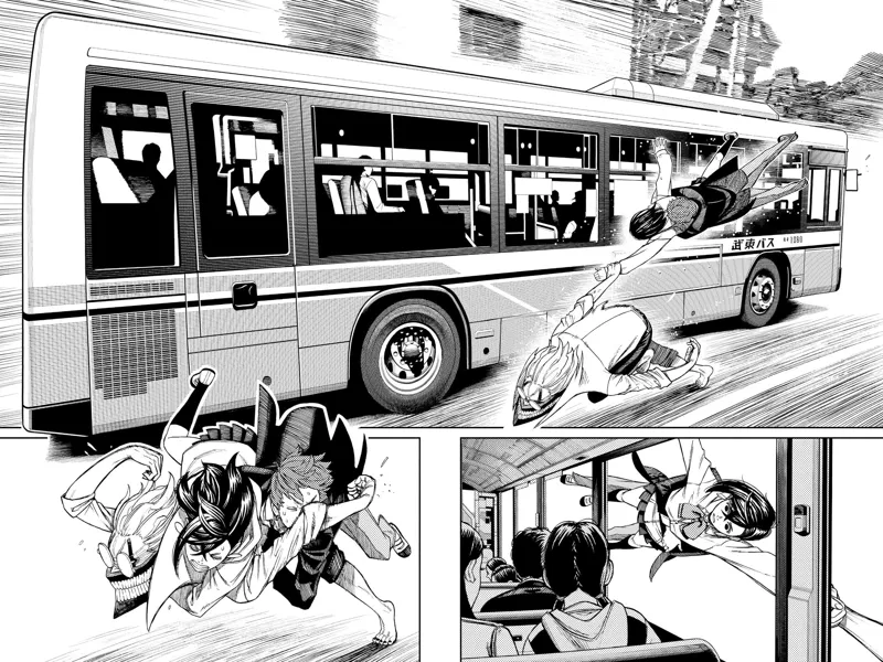 Okarun catches Momo and puts her on his back as he continues running.